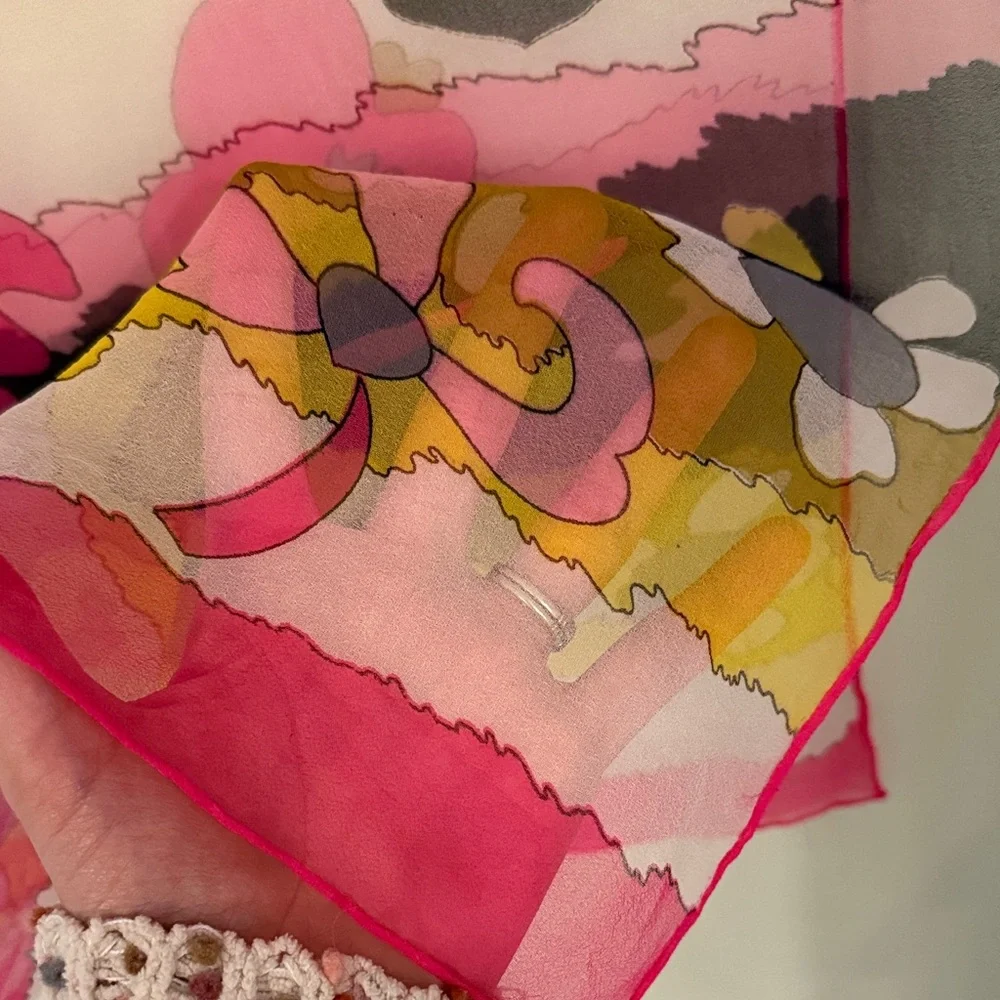Vintage 1960’s Chiffon Silk Blend Scarf Floral Abstract Yellow, Pink Retro